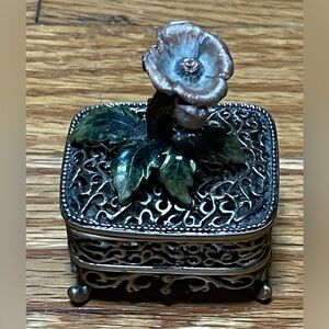 Decorative Trinket Box with Green Enamel Leaves and Flower Accent